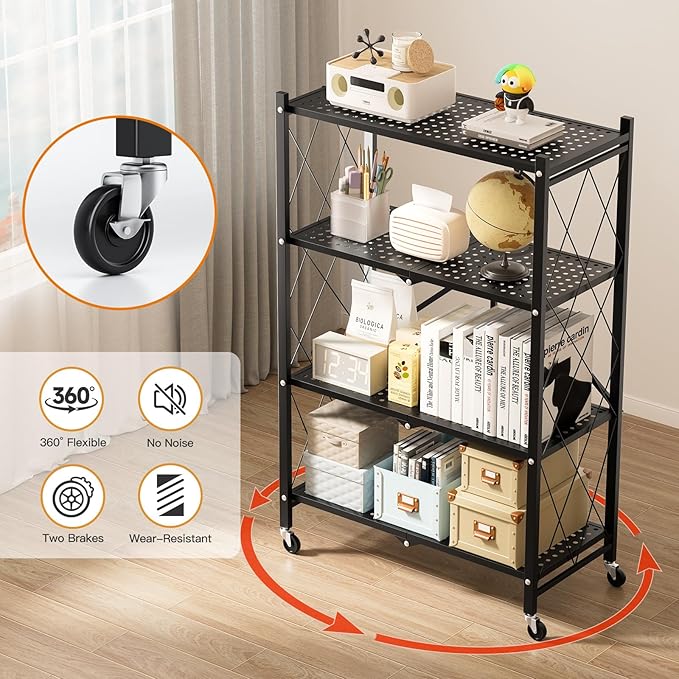 HealSmart 4-Tier Heavy Duty Foldable Metal Rack Storage Shelving Unit with Wheels Moving Easily Organizer Shelves Great for Garage Kitchen, Black
