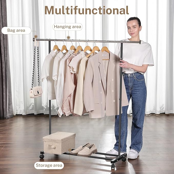 Clothes Rack, 130LB Capacity Heavy Duty Clothing Rack with Wheels and Bottom Shelf, 52.17 Inch Rolling Racks for Hanging Clothes, Coats, Shirts, Sweaters, Skirts, Dress, Black