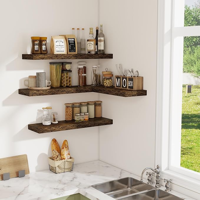 Floating Shelves for Wall, 28 Inch Floating Shelves Set of 2, Wall Mounted Rustic Wood Shelf for Bathroom, Living Room, Bedroom and Kitchen, Hanging Shelf for Storage, Books, Home Decor, Rustic Brown