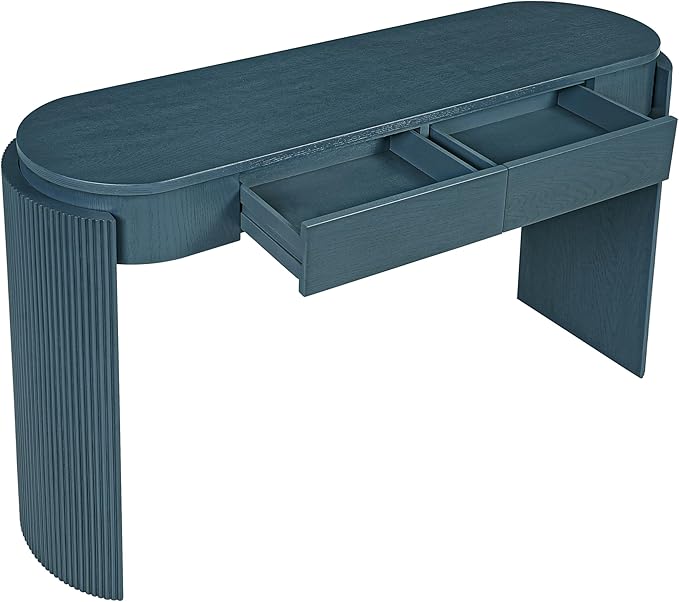 MTHOUSE 55.1" Entryway Narrow Console Table with Drawers, Oval Top & Fluted Legs, Natural Wood Grain Sofa Table for Hallway, Foyer, Behind Couch, Accent Table for Living Room, Solid Wood + MDF (Navy)
