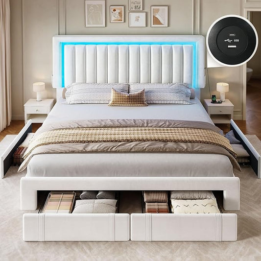 DWVO Queen Size Bed Frame with Adjustable Headboard, 4 Storage Drawers and RGB LED Lights, Velvet Upholstered Platform Bed with USB Ports, No Box Spring Needed, Fast Assembly, Noise-Free, White