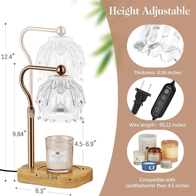 Candle Warmer Lamp with Timer Dimmer, Modern Wax Warmer for Scented Wax Jar Candle Warmer with 2 Bulbs, Adjustable Height Glass Lamp for Gifts for Women, House Warming Gifts, Home Decor, Gold Clear