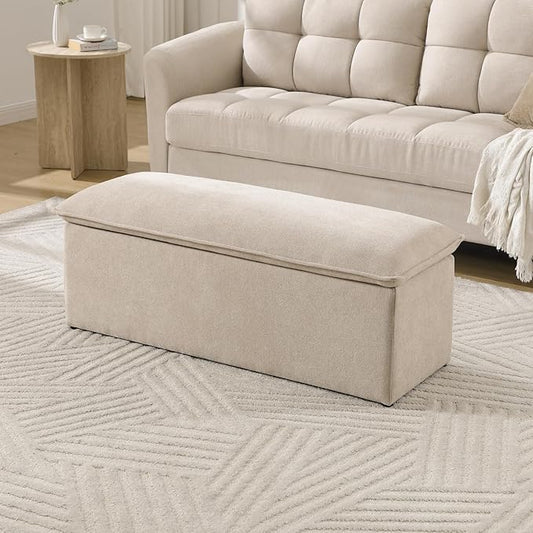 45.5 Inch Storage Ottoman Bench, Modern Upholstered Chenille End of Bed Bench with 2 Safety Hinge, Entryway Bench with Seating for Bedroom Living Room, Oatmeal