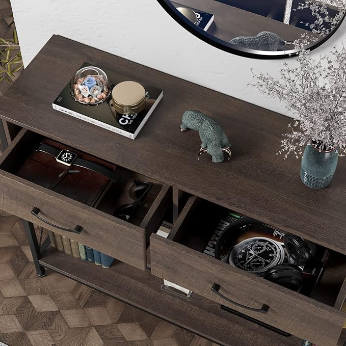 HITHOS Industrial Console Table with Drawers, Vintage Hallway Foyer Table with Storage Shelves, Narrow Long Sofa Entryway Table for Living Room, Dark Brown