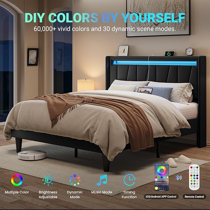 Allewie Queen Size LED Bed Frame with Charging Station, Velvet Upholstered Platform Bed with Geometric Wingback Headboard, Modern Frame with No Box Spring Needed, Easy Assembly, Black