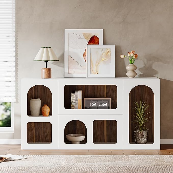 Tribesigns 59" White Console Table, Modern Entryway Table, Wooden Storage Organizer Entrance Table with 6 Compartments, Long Sofa Table, Behind Couch Table with Storage for Living Room, Hallway, Foyer