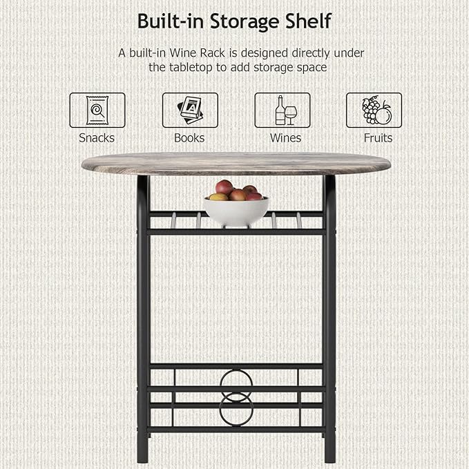 JUMMICO 3-Piece Wooden Round Table & Chair Set, Space Saving Kitchen Breakfast Nook Wood Grain Tabletop with Metal Frame and Built-in Wine Rack for Kitchen, Dining Room (Walnut/Black)