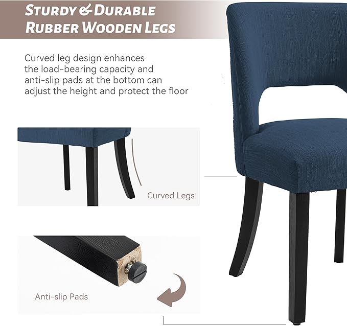 VKNOW Wooden Dining Chairs Set of 6, Modern Fabric Upholstered Dining Room Chair Kitchen Chairs, Farmhouse Dinner Chair for Kitchen Dining Room, Blue-Black Legs