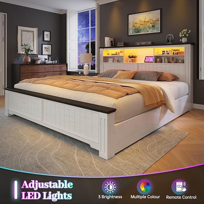 EnHomee King Bed Frame and Headboard, King Size Bed Frame with 4 Storage Drawers, King Bed with LED Lights & Charging Ports,No Box Spring Needed,NO Noise,Wooden, White