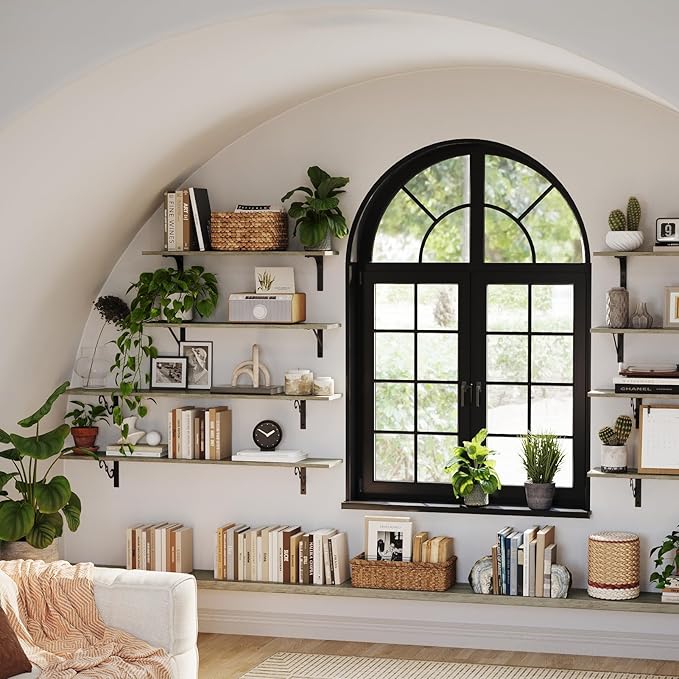 DINZI LVJ Long Wall Shelves, 47.3" Large Floating Shelves Set of 2, Farmhouse Display Shelf Wall Mounted with Heavy Duty Brackets, Easy Assembly for Kitchen, Bathroom, Bedroom, Balcony, Gray Wash