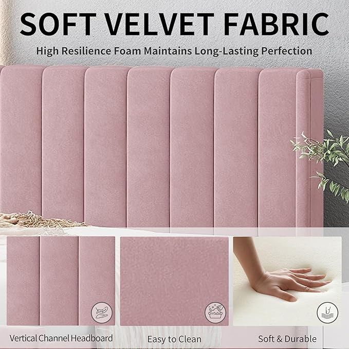 Full Size Upholstered Platform Bed Frame with Modern Wingback & Vertical Panel Headboard, Velvet Fabric, Wooden Legs & Slats Support, No Box Spring Needed, Noise-Free & Easy Assembly, Pink