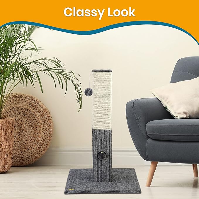 PAWBEE Cat Scratching Post - Tall 32” Sisal Rope Cat Scratch Post + Jingle Bell & Softball - Playful, Quality, & Sturdy - Scratcher Pole Tower - Scratching Posts for Indoor Cats Adults Large Cats