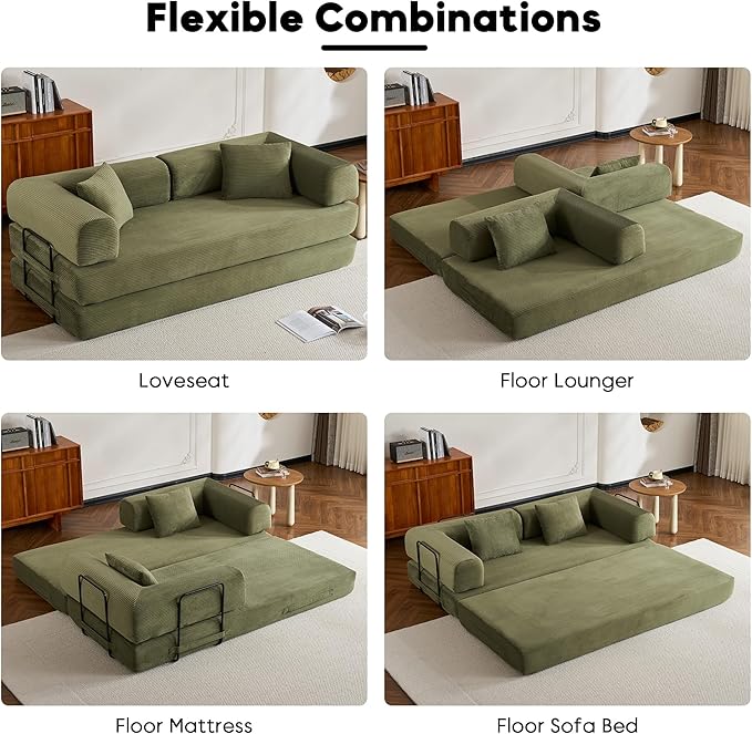 Convertible Folding Couch Bed, Comfy Corduroy Sleeper Floor Sofa Bed with Fixed-Shape Frame, Floor Sofa with Armrest, Lounge Couch for Living Room Bedroom Lounge Studio, Green
