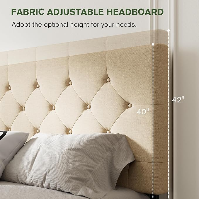 MUTICOR King Size Bed Frame with 4 Storage Drawers, Upholstered Platform Bed with Button Tufted Adjustable Headboard, No Box Spring Needed, Easy Assembly, Diamond Tufted, Beige Fabric