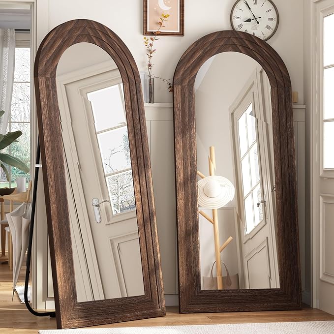 Arched Full Length Mirror with Solid Wood Frame, 65x22 Farmhouse Wall Mounted Floor Mirror with Stand, Vertical Hanging, Leaning Standing for Bedroom, Living Room, Brown