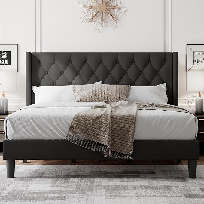 Feonase King Size Bed Frame with Wingback Tufted Headboard, Upholstered Platform Bed Frame with Heavy Duty Wooden Slats Support, Noise-Free, No Box Spring Needed, Easy Assembly, Black