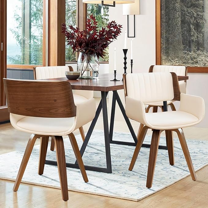 LUNLING Swivel Accent Faux Leather Dining Chairs Set of 4,Mid Century Modern Chairs with Wooden Legs/Armrest/Upholstered Seat/Adjustable Foots for Kitchen Dining Room Desk Chairs,Beige