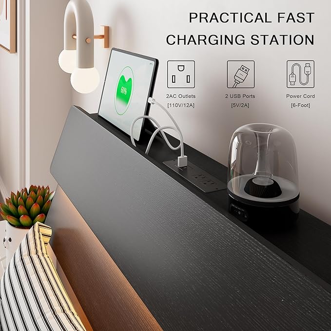 Floating Bed Frame Twin Size with Led Headboard and Charging Station, Metal Platform Bed Base with Storage, Remote Control, Heavy Slats Support, No Box Spring Needed, Noise Free, Black