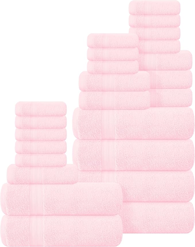 BOUTIQUO 24 Pack Cotton Towel Set, Contains 6 Bath Towels 27x54 inch, 6 Hand Towels 16x24 inch & 12 Wash Coths 12x12 inch, Ideal Everyday use, Ultra Soft Compact & Lightweight - Pink
