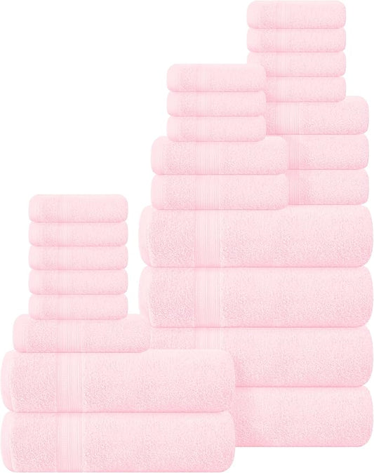 BOUTIQUO 24 Pack Cotton Towel Set, Contains 6 Bath Towels 27x54 inch, 6 Hand Towels 16x24 inch & 12 Wash Coths 12x12 inch, Ideal Everyday use, Ultra Soft Compact & Lightweight - Pink