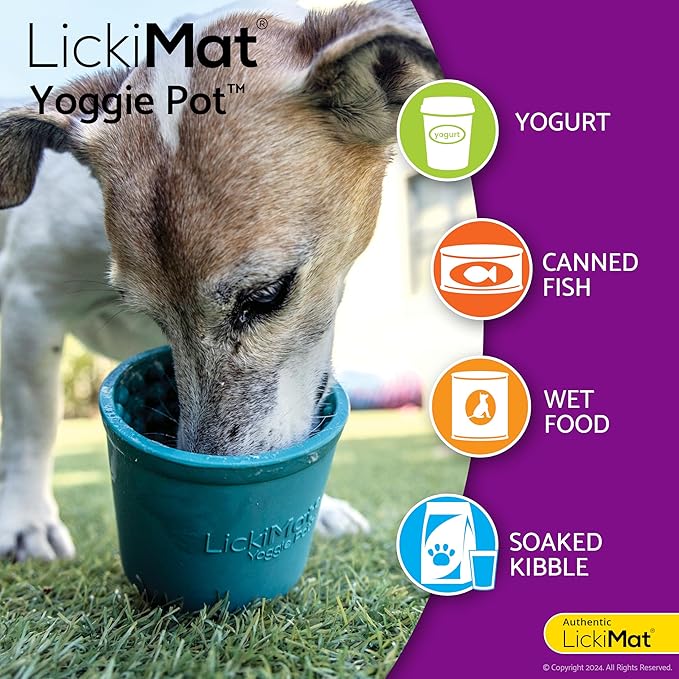 LICKIMAT Yoggie Pot – Distraction, Fun and Enrichment. Long Lasting Rubber Licking Treat Dispenser for All Dog Sizes and Slow Feeder for Small Dogs - Turquoise