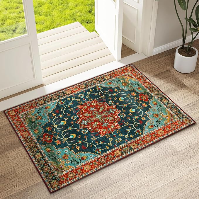WILLSUN Washable Area Rugs, 2x3 Non-Slip Boho Small Area Rugs for Entryway, Kitchen, Bathroom, Machine Washable Vintage Rug, Indoor Floral Print Carpet for Home Decor, Kid & Pet Friendly Mat