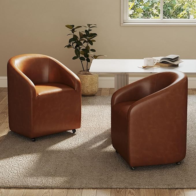 Brown Barrel Dining Chairs Set of 4, Modern Swivel Barrel Chairs with Casters Arms Comfy Faux Leather Upholstered Rolling Dining Chairs with Rollers for Living Room Reading Room Bedroom