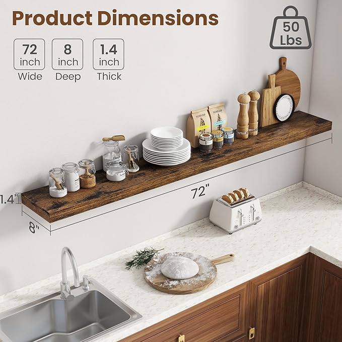 72 Inch Floating Shelves for Wall, 8 Inch Deep Floating Shelf for Storage & Display, Wall Mounted Shelf with Invisible Brackets for Living Room, Kitchen, Bathroom, Home Decor, Set of 2, Rustic Brown