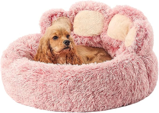 Jiupety Paw Shape Calming Pet Bed, Plush Faux Fur Donut Bed for Dogs & Cats, Machine Washable, Non-Slip Bottom, Large Size (26"×26"×8"), Pink