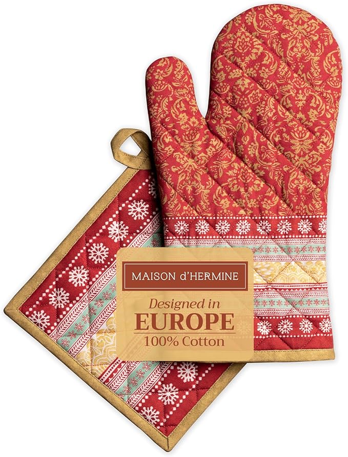 Maison d' Hermine 100% Cotton Oven Mitt & Pot Holder Set (7.5"x13" & 8"x8") Heat Resistant BBQ Cooking Gloves with Loop for Thanksgiving Christmas Decorations Handling Hot Pans (Sofia)