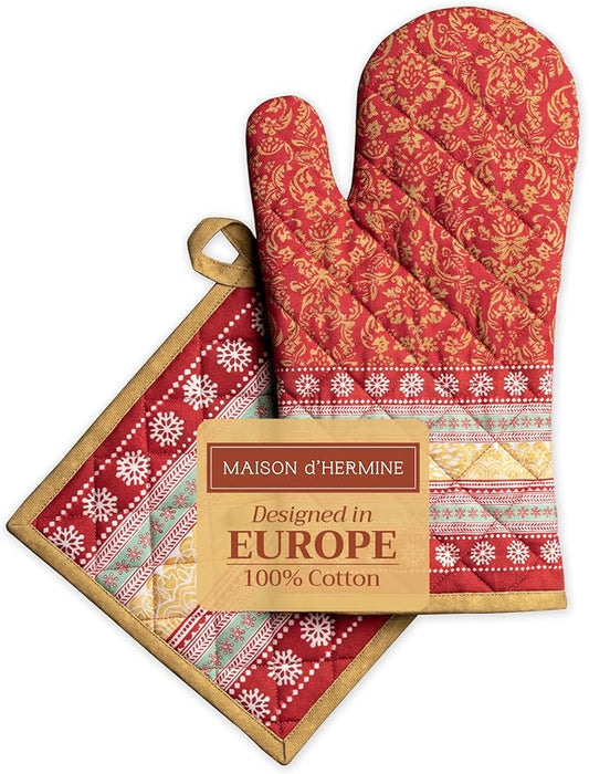Maison d' Hermine 100% Cotton Oven Mitt & Pot Holder Set (7.5"x13" & 8"x8") Heat Resistant BBQ Cooking Gloves with Loop for Thanksgiving Christmas Decorations Handling Hot Pans (Sofia)