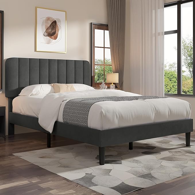VECELO Queen Size Bed Frame with Upholstered Headboard, Velvet Platform Bedframe Mattress Foundation, Strong Wood Slat Support, No Box Spring Needed,Grey