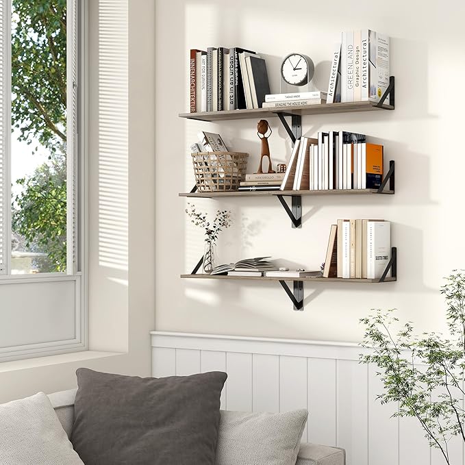 Axeman Floating Shelves for Wall, 16W x 8D Floating Shelves Set of 2, 8 Inch Deep Rustic Grey Wood Wall Mounted Shelves for Farmhouse Bookshelf Living Room Bedroom