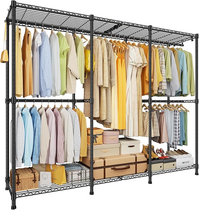 E14 Heavy Duty Clothes Rack，Freestanding Clothing Racks for Hanging Clothes，Adjustable Closet Organizers and Storage，Metal Garment Rack with Shelves 69" W x16 D x77 H，Max Load 960LBS，Black