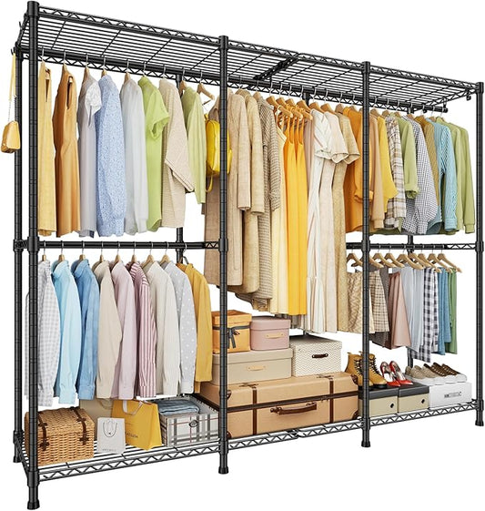 E14 Heavy Duty Clothes Rack，Freestanding Clothing Racks for Hanging Clothes，Adjustable Closet Organizers and Storage，Metal Garment Rack with Shelves 69" W x16 D x77 H，Max Load 960LBS，Black