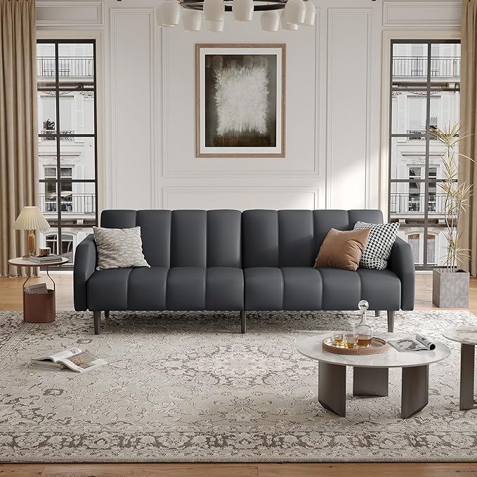 Fadware Faux Leather Couch, Convertible Futon Sofa Bed with Adjustable Backrest, Mid Century Leather Sofa Loveseat with Side Pockets& Metal Leg, Modern Leather Sleeper Sofa for Living Room Bedroom