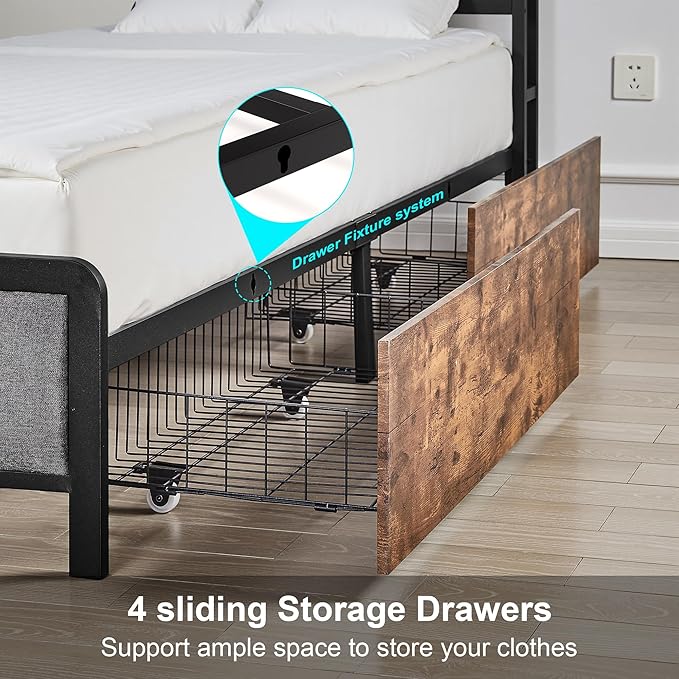 VECELO Queen Size Upholstered Metal Bed Frame with Storage Drawers, LED Headboard, USB & Type-C Ports, Linen Fabric Platform Bed with 9 Legs Support, Noise-Free Design, No Box Spring Needed, Grey