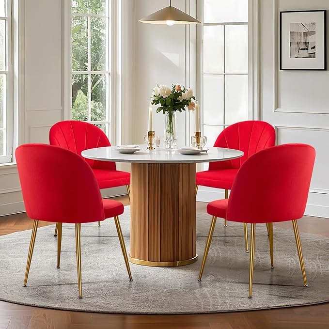 Velvet Dining Chairs Set of 2, Upholstered Mid Century Modern Dining Room Chairs, Armless Accent Chair with Metal Gold Legs for Living Room, Kitchen, Rose Red