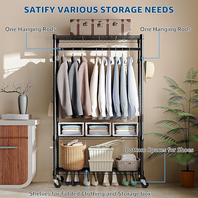 Heavy Duty Rolling Garment Rack 3 Tiers Adjustable Wire Shelving Clothes Rack with Rods and Side Hooks,Storage Closet Clothing Rack with Wheels Black 15.7" D x 29.5" W x 74.5" H