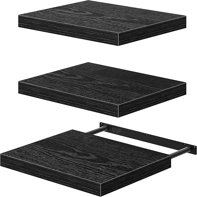 QEEIG 12" Deep Floating Shelves for Wall - 12 x 16 inch Book Shelf Bathroom Bedroom Kitchen Living Room Hanging Bookshelf Farmhouse Set of 3, Black (026-40B3)
