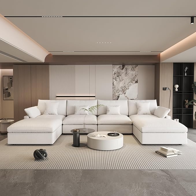 WJShome Cloud Couch Modular Sectional for Living Room, Down Filled 160" U Shaped Couch with Ottoman,Modern 6 Seater Convertible Couches, Sofa Covers Washable&Replaceable,White