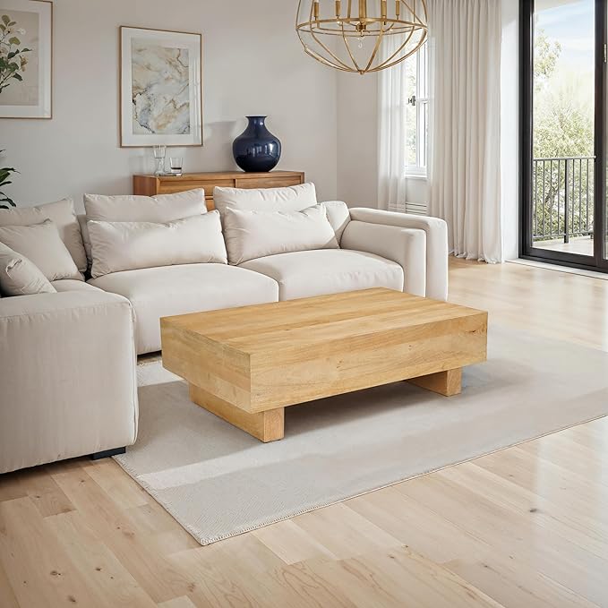 TUP THE URBAN PORT Elias Coffee Table | 42" Rectangular Top | Sandblasted Natural Brown Mango Wood | Wood Sustainably Harvested