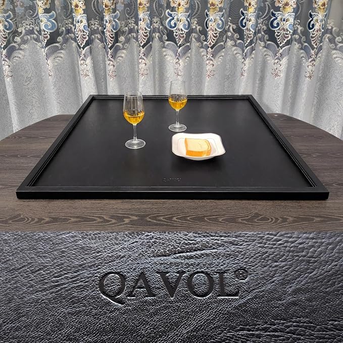 34 * 34 inches Luxury Leather Square Oversized Service Tray, Ottoman & Coffee Tray for Family Dinner, Out-of-House Picnic & Party - Black