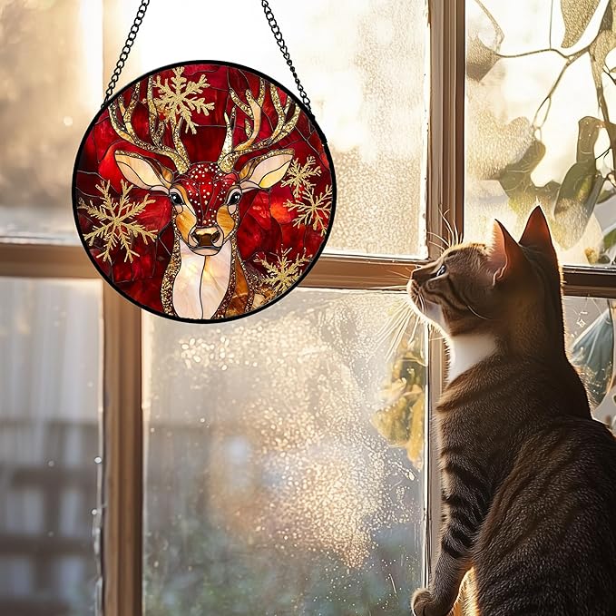 Stained Glass Window Hanging 4 Pcs Set Red Golden Snowflakes Large 11.8" - Christmas Elk Rabbit Suncatcher Door Garden Sun Catcher Decor Birthday for Mom Woman Nana Men