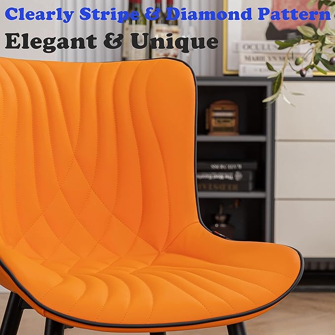 YOUTASTE Dining Chairs Set of 2, Mid Century Modern Upholstered Faux Leather Kitchen Room Chairs, with Black Metal Legs, Armless Accent Chair for Living Room, Bedroom, Vanity, Orange
