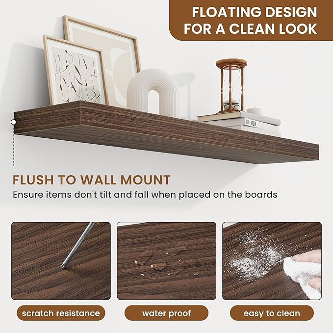 fuqing Floating Shelves for Wall, Wall Mounted Wood Floating Shelf with Invisible Brackets for Living Room, Bathroom, Bedroom, Kitchen Storage and Decor, 36 Inch Set of 2, Walnut