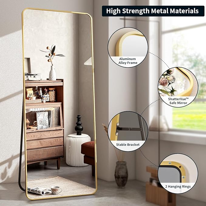 64"x21" Full Length Mirror, Full Body Rounded Corner Rectangle Mirrors with Stand, Standing or Leaning Metal Framed Floor Mirror, Wall Mounted Mirrors Hang Horizontally or Vertically, Gold