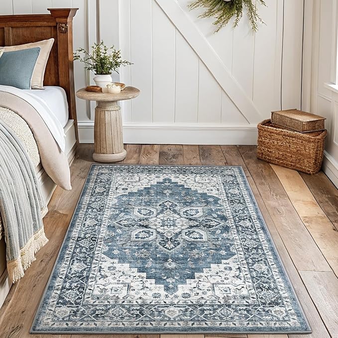 AMADA HOMEFURNISHING 3x5 Washable Area Rug, Low-Profile Entryway Rug with Non-Slip Backing & Durable Edge Binding, Vintage Rugs for Bedroom, Entryway & Kitchen