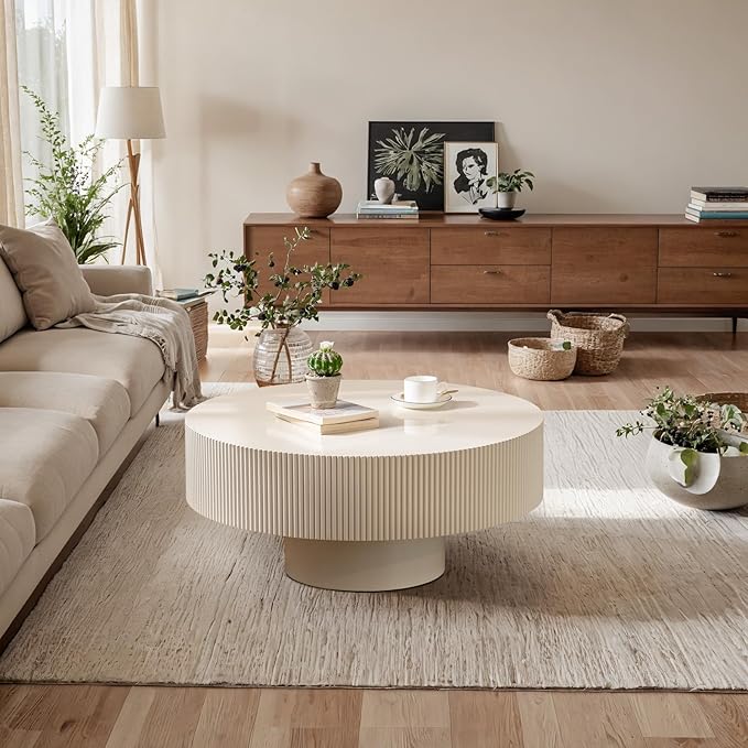 Modern Wood Coffee Table for Living Room - Handcraft Drum Coffee Tables with Sturdy Base, Small Round Fluted Coffee Table Tea Table for Apartment, Bedroom, Office - Easy Assemble (White 31")