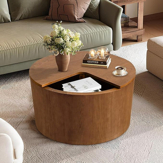 27.16" Round Coffee Table with Storage Modern Handcraft Drum Coffee Table Circle Wood Accent Center Table Small Side Table for Living Room Apartment, Small Space (Round Brown)